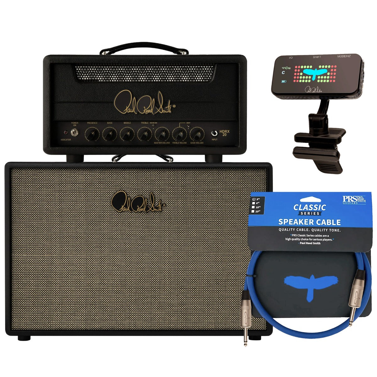 Collage of the PRS HDRX 20 - 20-watt Guitar Amplifier Head 2x12 BUNDLE showing included components