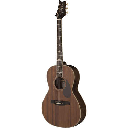 Perspective view of PRS SE Parlor P20E Acoustic-Electric Guitar - Vintage Mahogany showing top and right side