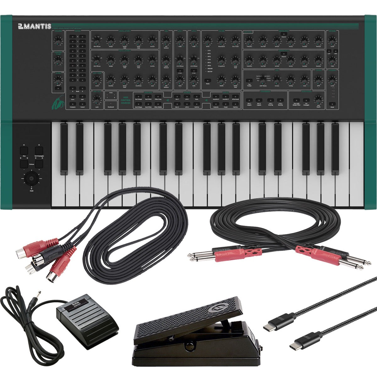 Collage showing components in PWM Mantis Hybrid-Analog Duophonic Synthesizer CABLE KIT