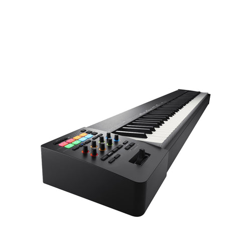 3/4 view of Roland A-88MKII MIDI Keyboard Controller showing left side, top and front