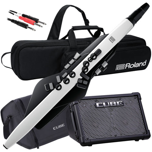 Collage showing components in Roland Aerophone AE-20 Digital Wind Instrument STAGE RIG