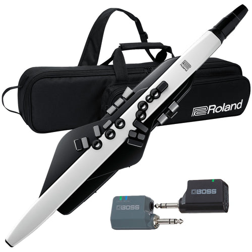 Collage showing components in Roland Aerophone AE-20 Digital Wind Instrument WIRELESS PAK