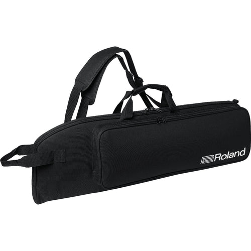 3/4 view of Roland Aerophone Pro AE-30 Digital Wind Instrument carry bag with strap attached showing top, front and right side