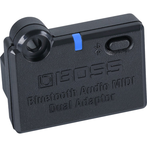 3/4 view of Boss BT-Dual Bluetooth Audio MIDI Dual Adaptor showing front, top and left side