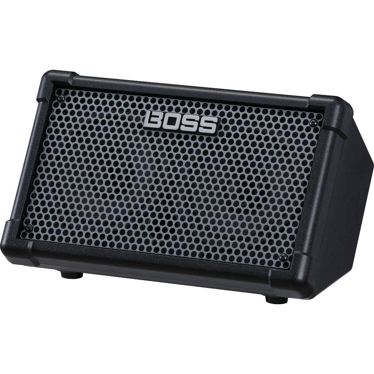 Perspective view of Boss Cube Street II Battery-Powered Stereo Amplifier - Black showing front and right side
