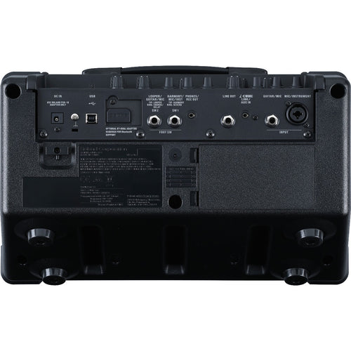 Perspective view of Boss Cube Street II Battery-Powered Stereo Amplifier - Black showing rear and bottom