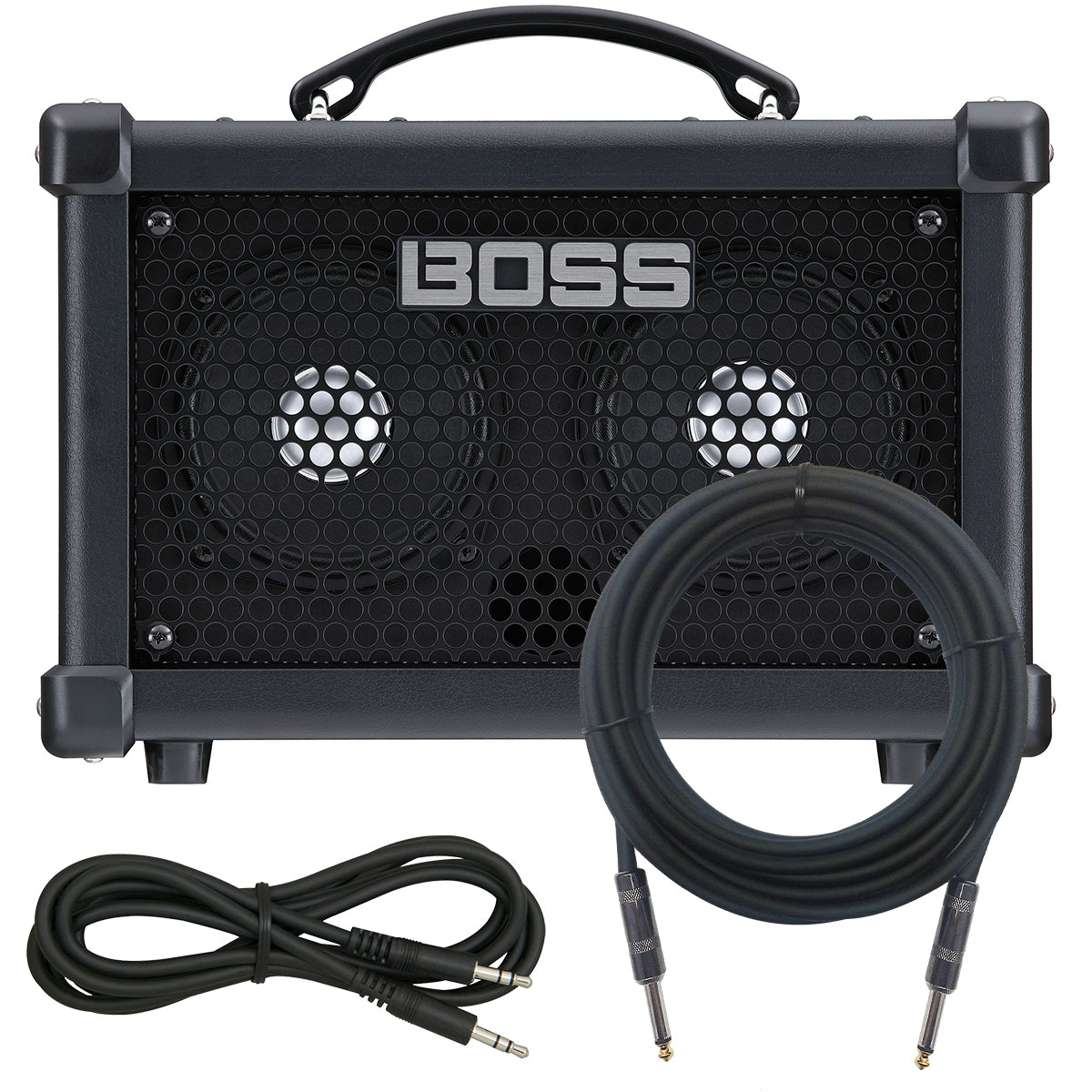 Collage of the components in the BOSS Dual Cube Bass LX Amplifier CABLE KIT bundle
