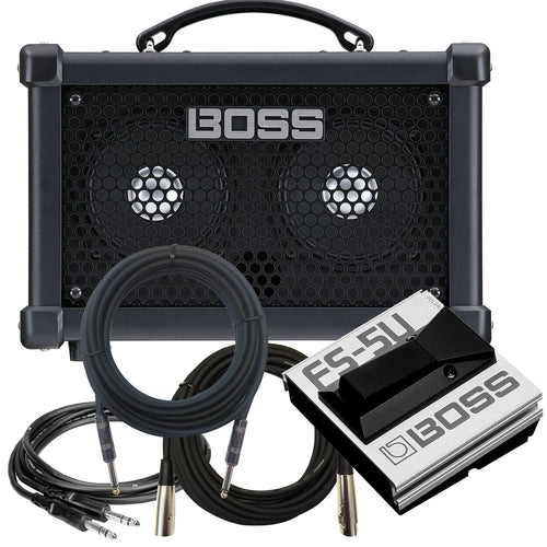 Collage of the components in the BOSS Dual Cube Bass LX Amplifier STAGE KIT bundle