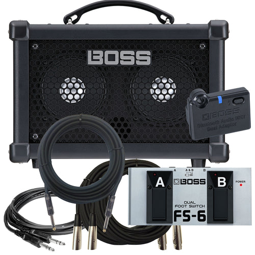 Collage of the components in the BOSS Dual Cube Bass LX Amplifier STAGE RIG bundle