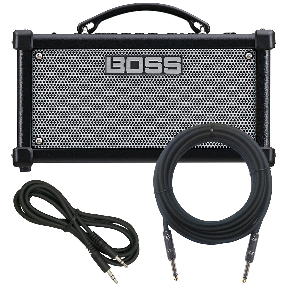 Collage of the components in the BOSS Dual Cube LX Guitar Amplifier CABLE KIT bundle