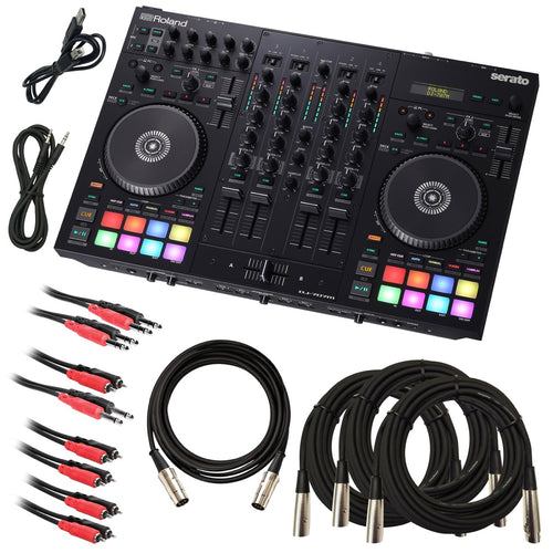 Collage showing components in Roland DJ-707M DJ Controller/Mixer with Serato DJ Pro CABLE KIT
