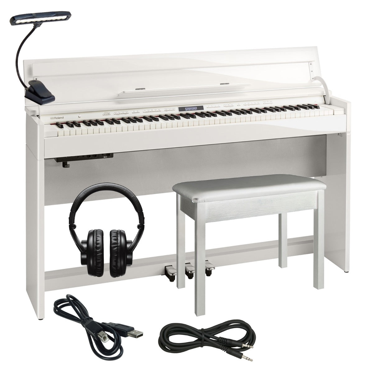 Collage image of the Roland DP603 Digital Piano - Polished White COMPLETE HOME BUNDLE