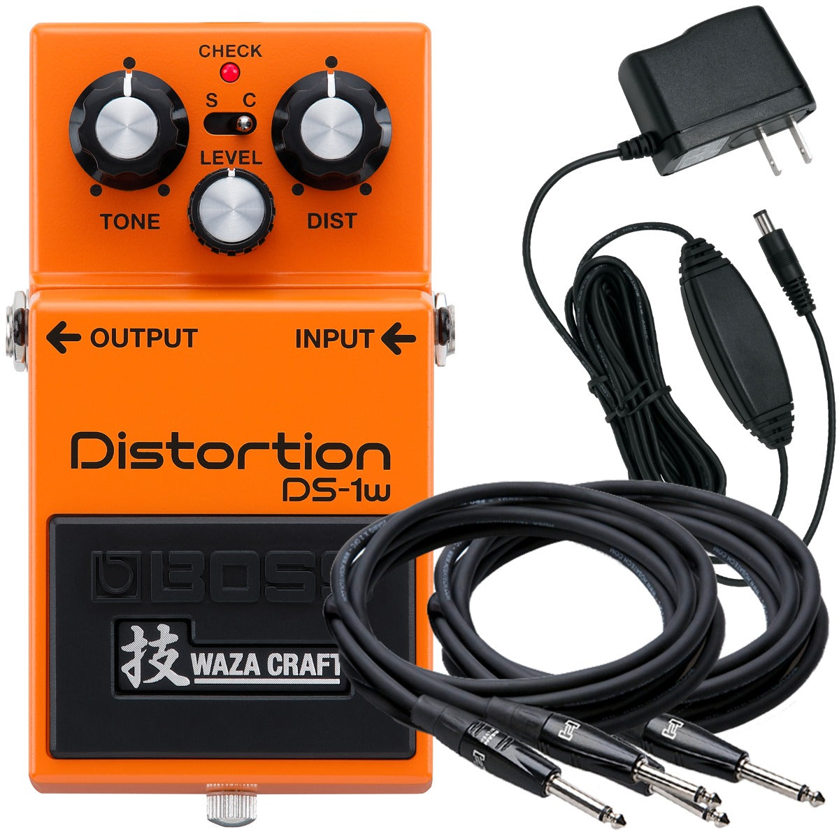 Collage of the components in the Boss DS-1W Waza Distortion Guitar Pedal POWER + CABLE KIT bundle