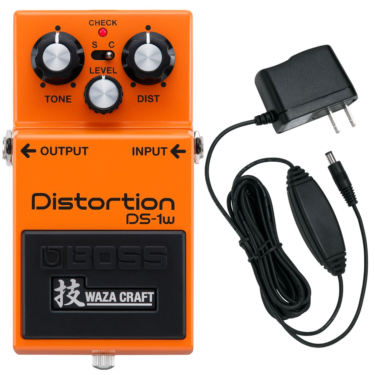 Collage of the components in the Boss DS-1W Waza Distortion Guitar Pedal POWER KIT bundle