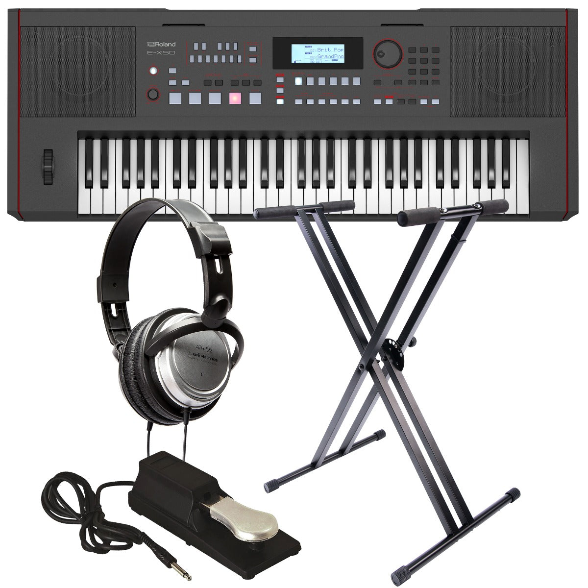 Collage of the Roland E-X50 Arranger Keyboard KEY ESSENTIALS BUNDLE showing included components