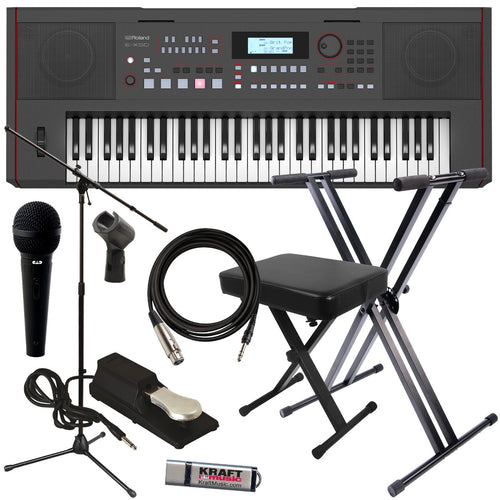 Collage of the Roland E-X50 Arranger Keyboard STUDIO RIG showing included components
