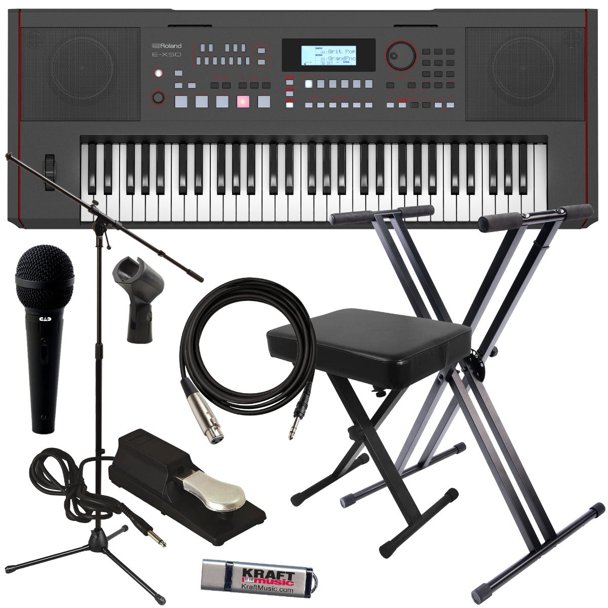 Collage of the Roland E-X50 Arranger Keyboard STUDIO RIG showing included components