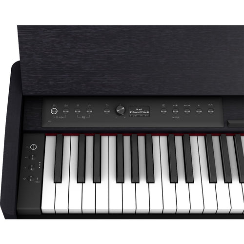 Close-up view of Roland F701 Digital Piano - Contemporary Black showing controls and portion of keyboard