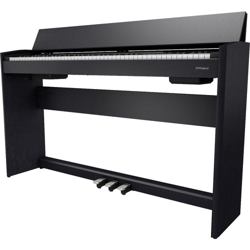 Perspective view of Roland F701 Digital Piano - Contemporary Black showing front and right side