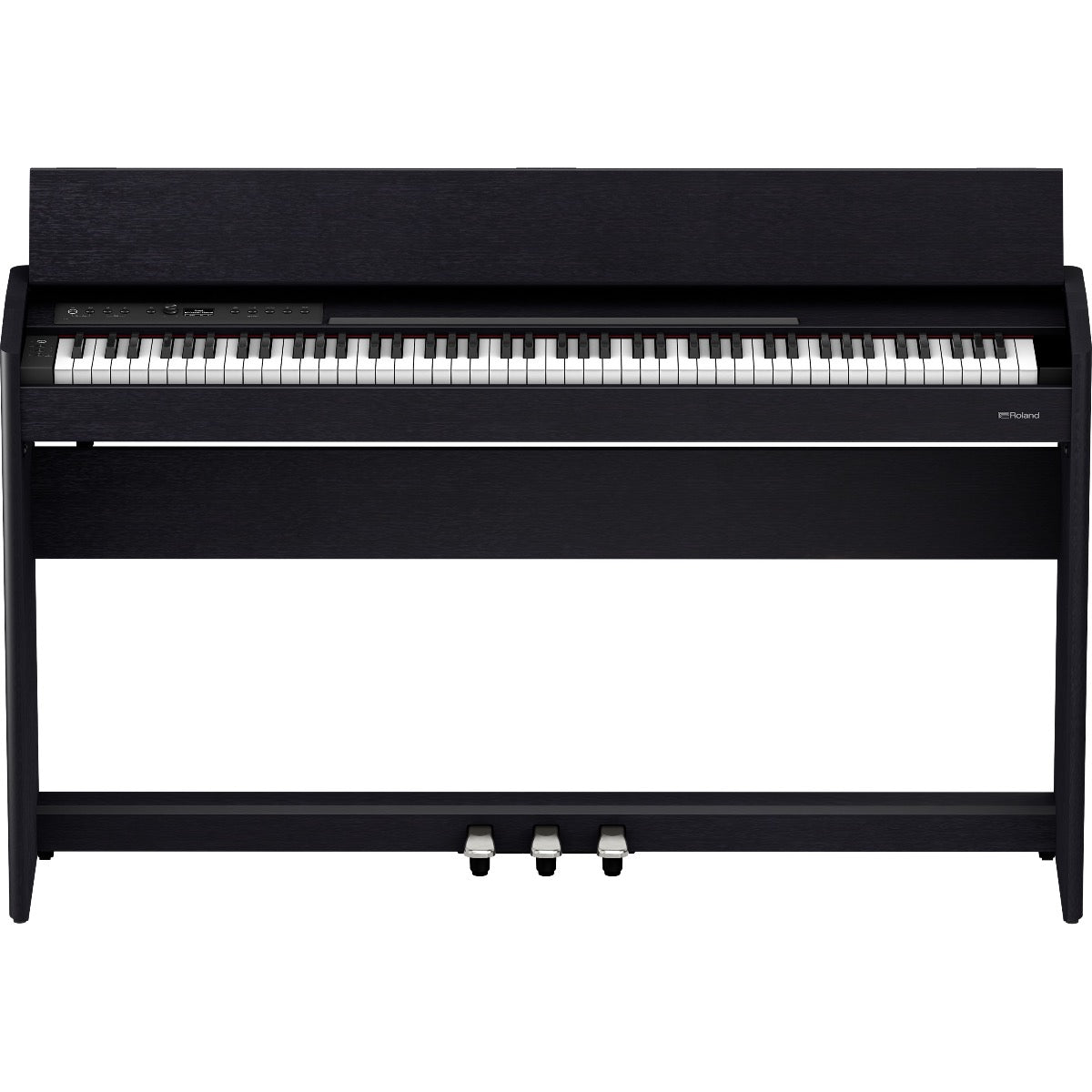Perspective view of Roland F701 Digital Piano - Contemporary Black showing top and front