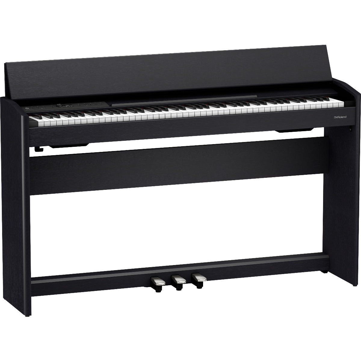 3/4 view of Roland F701 Digital Piano - Contemporary Black with key cover open showing front, top and left side