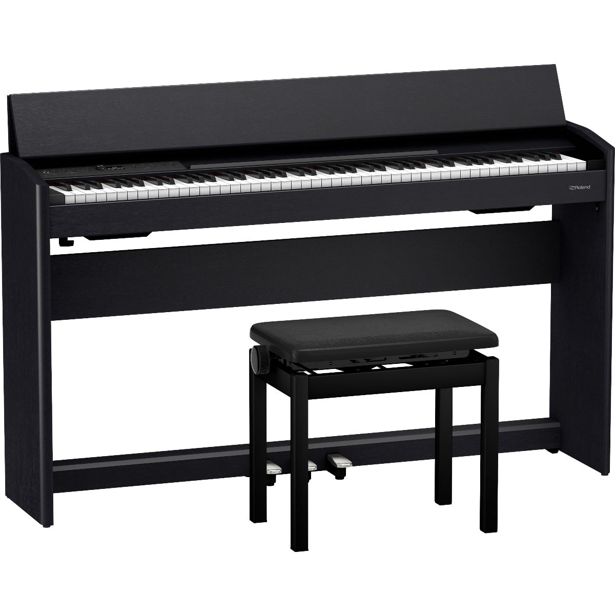 3/4 view of Roland F701 Digital Piano - Contemporary Black with included BNC-05 matching bench showing front, top and left sides