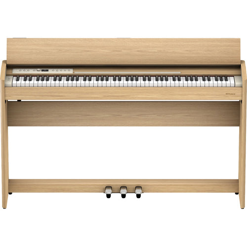 Perspective view of Roland F701 Digital Piano - Light Oak showing top and front
