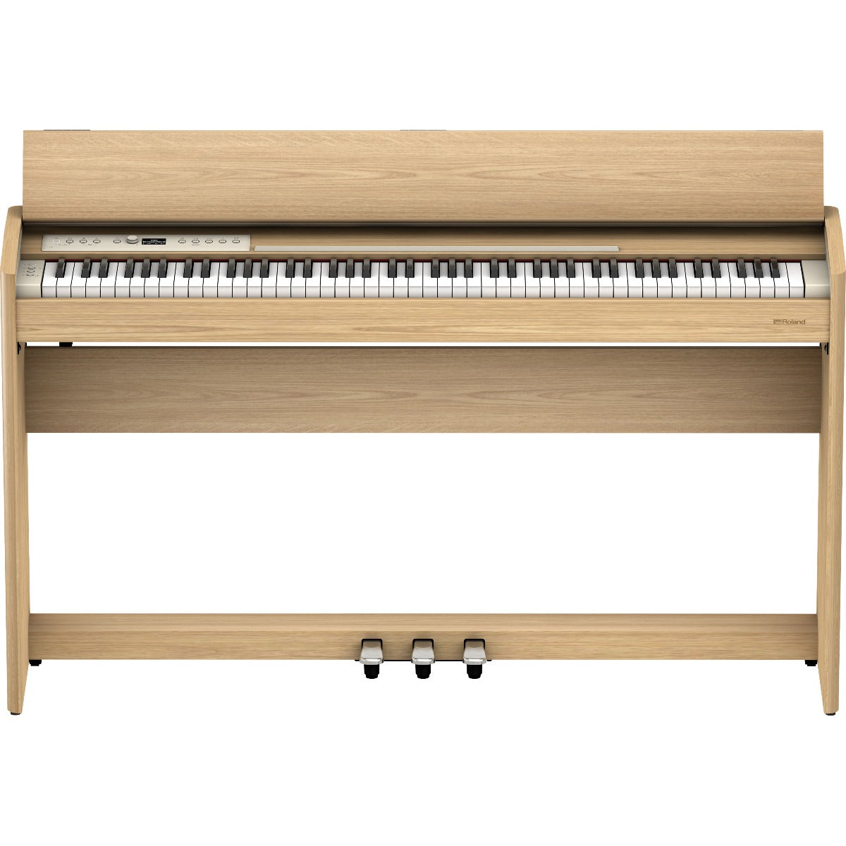 Perspective view of Roland F701 Digital Piano - Light Oak showing top and front