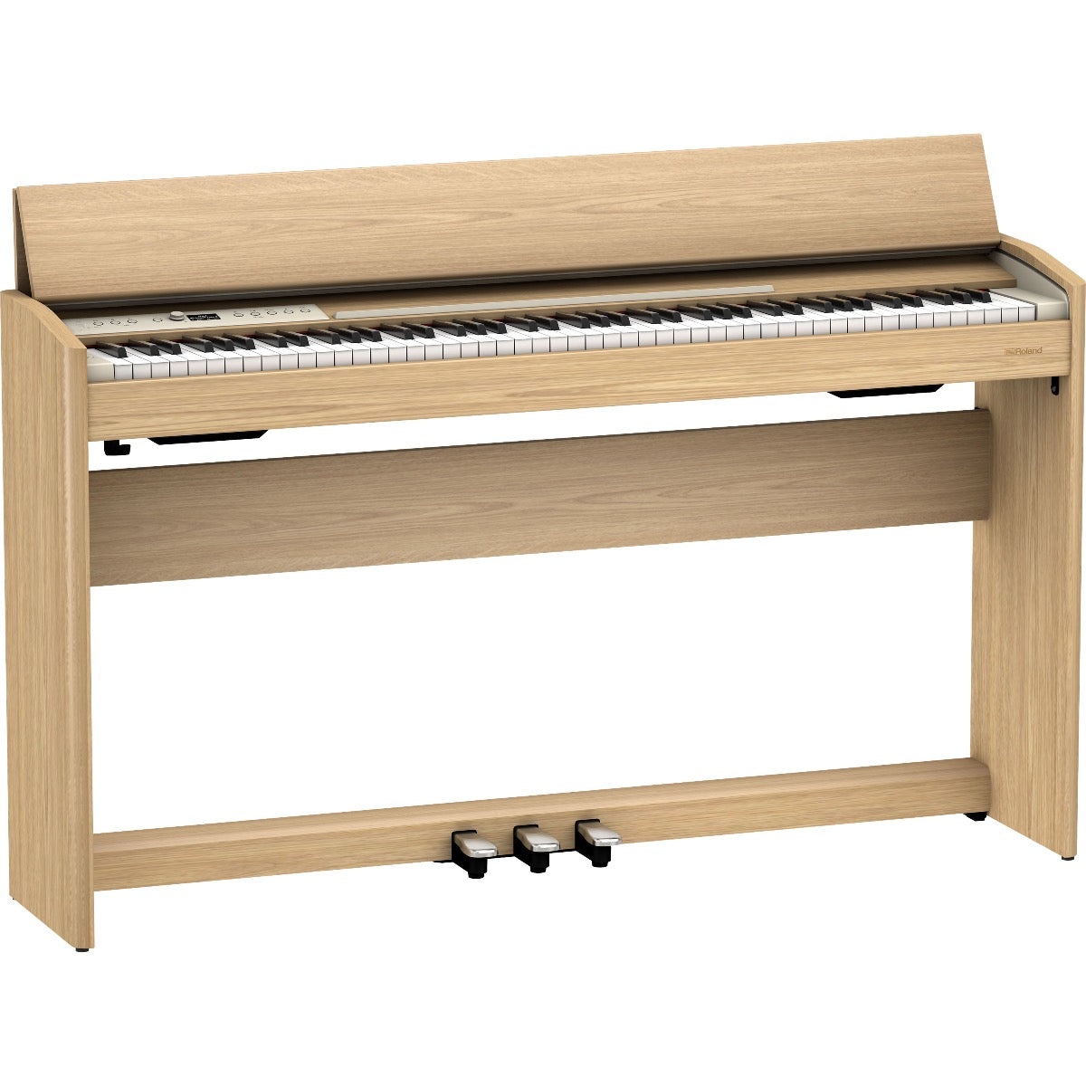 3/4 view of Roland F701 Digital Piano - Light Oak with key cover open showing front, top and left side