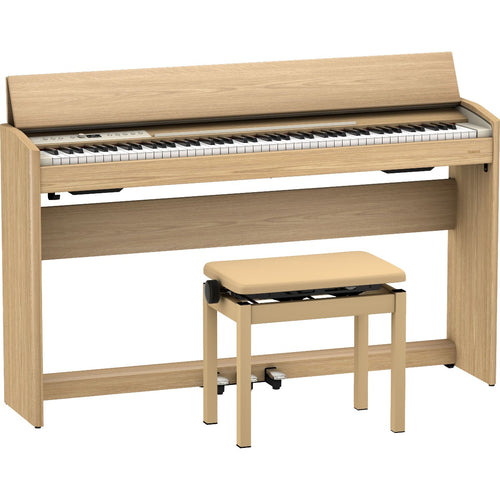 3/4 view of Roland F701 Digital Piano - Light Oak with included BNC-05 matching bench showing front, top and left sides