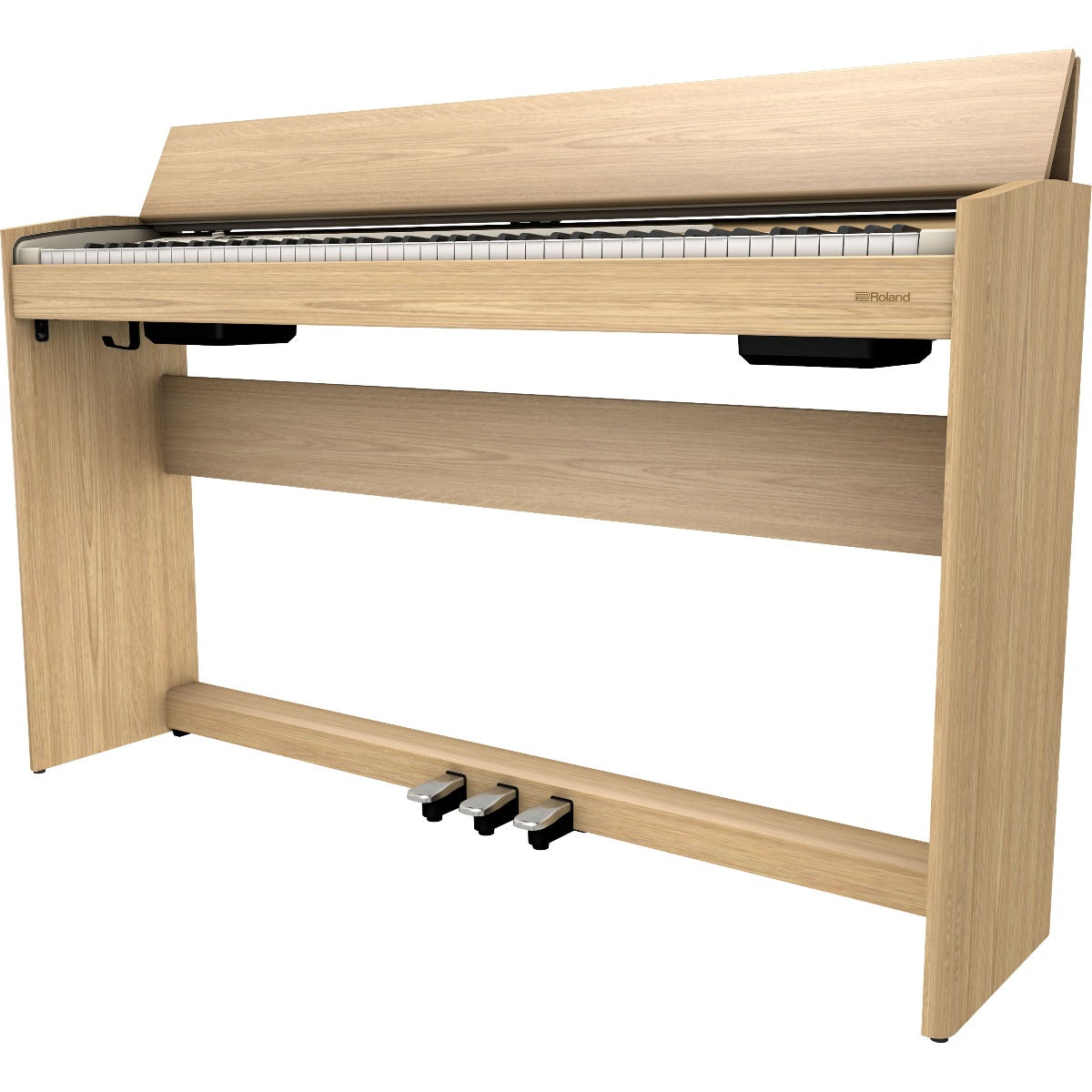 Perspective view of Roland F701 Digital Piano - Light Oak showing front and right side