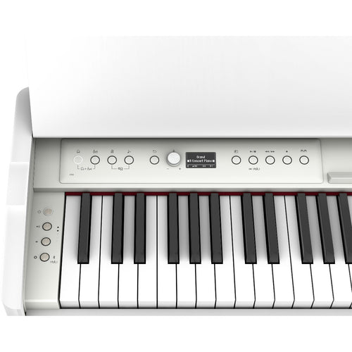 Close-up view of Roland F701 Digital Piano - White showing controls and portion of keyboard