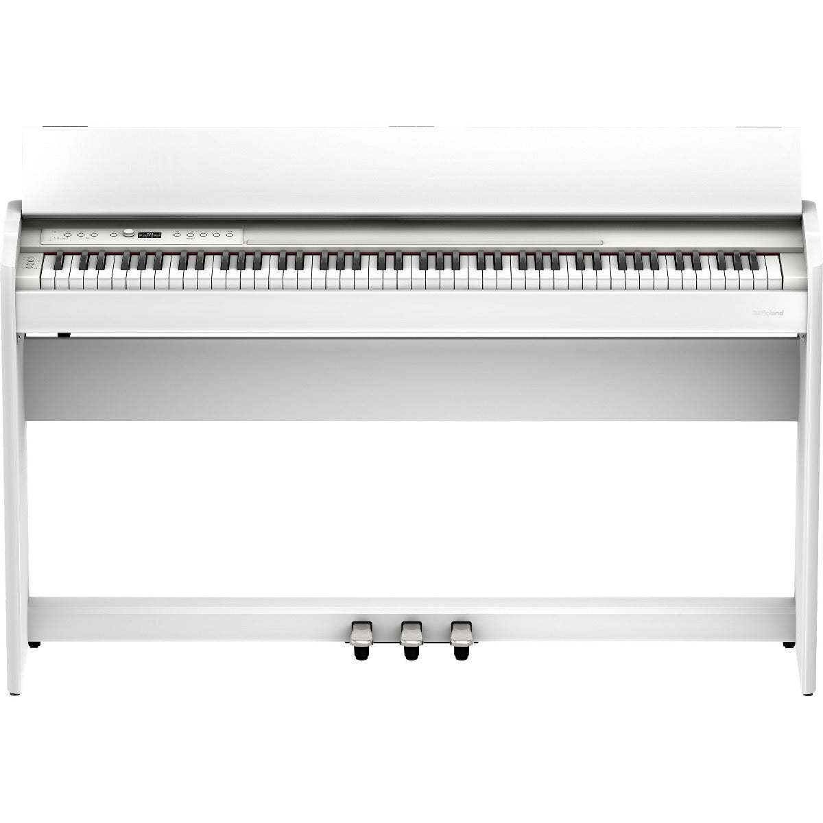 Perspective view of Roland F701 Digital Piano - White showing top and front