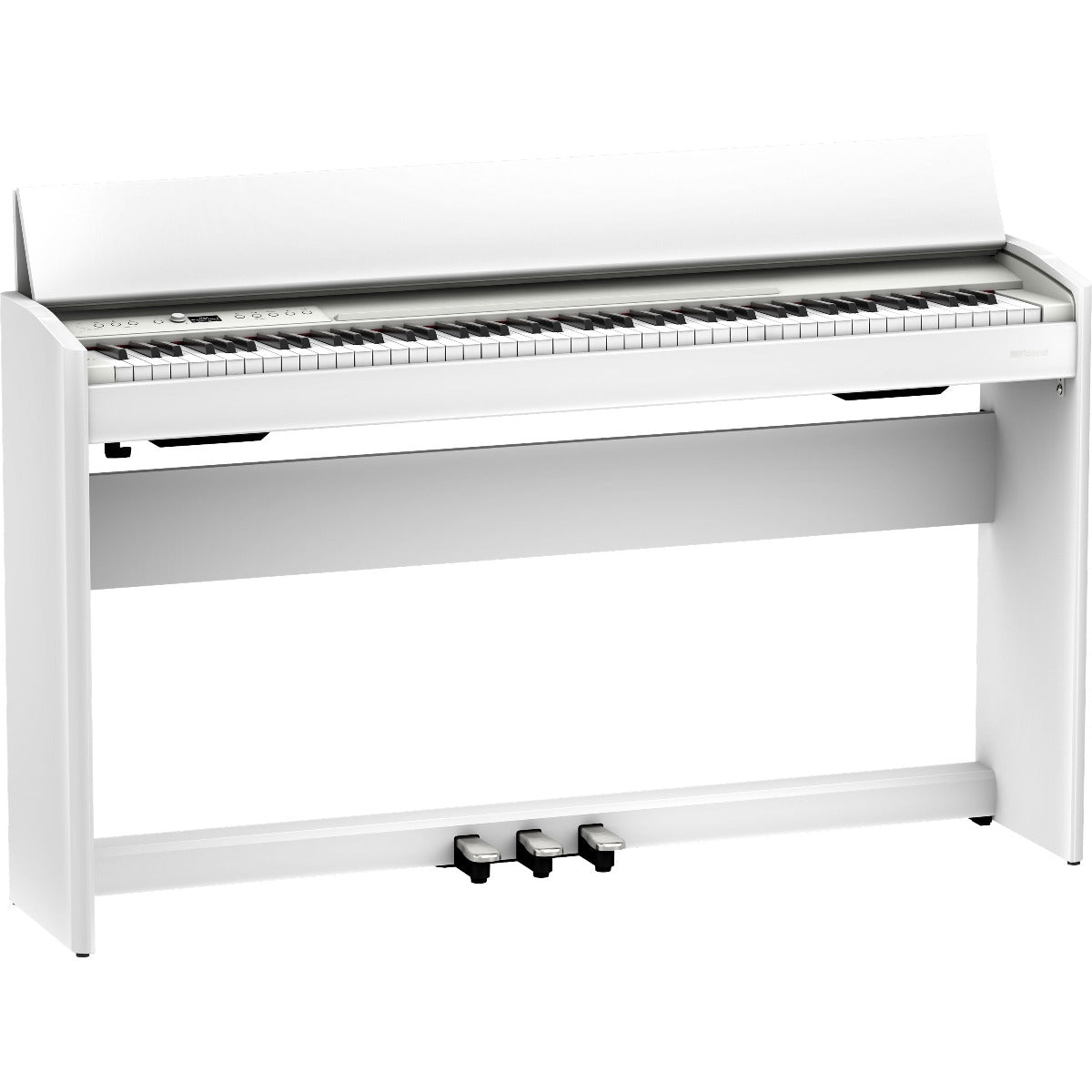 3/4 view of Roland F701 Digital Piano - White with key cover open showing front, top and left side