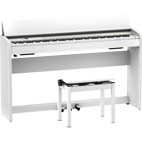 3/4 view of Roland F701 Digital Piano - White with included BNC-05 matching bench showing front, top and left sides