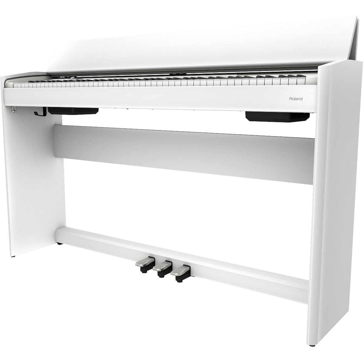 Perspective view of Roland F701 Digital Piano - White showing front and right side