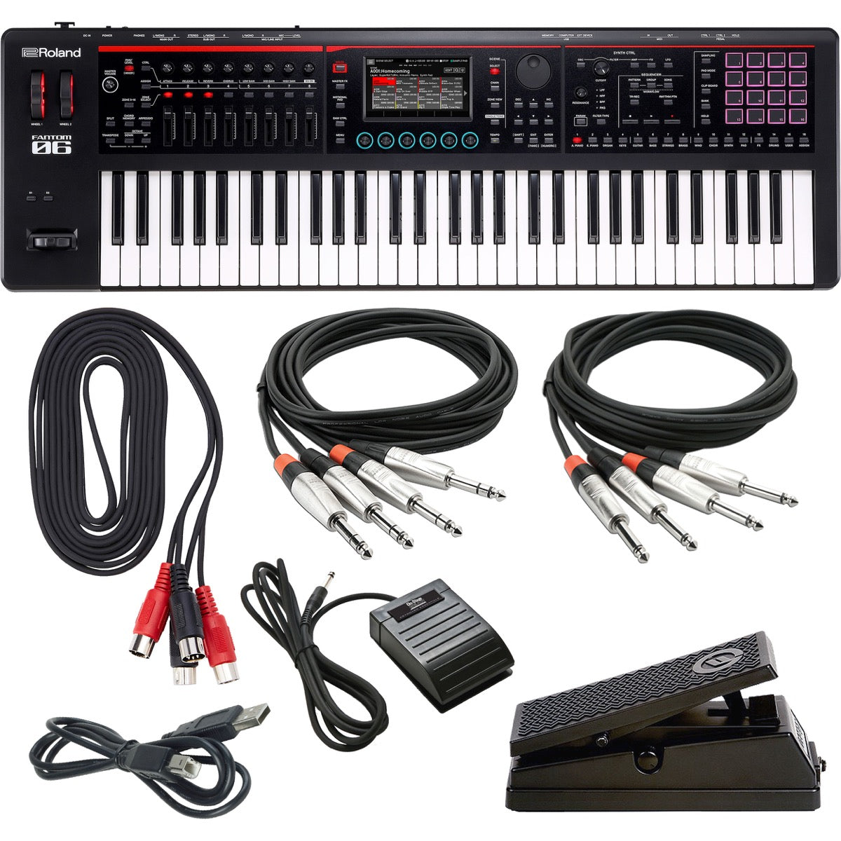 Collage showing components in Roland Fantom-06 Workstation Keyboard CABLE KIT