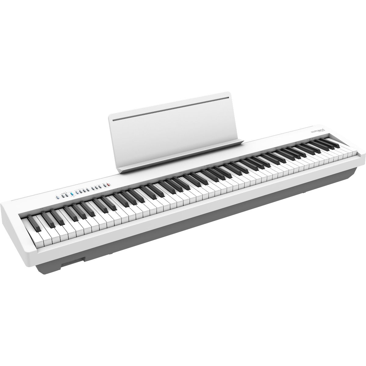 3/4 view of Roland FP-30X Digital Piano - White with music rest installed showing top, front and left side