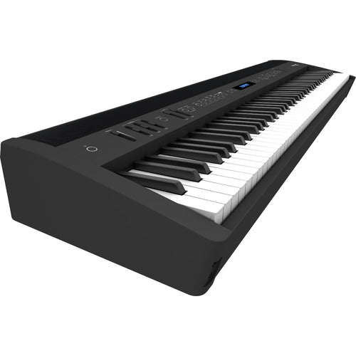 3/4 view of Roland FP-60X Digital Piano - Black showing left side, top and front