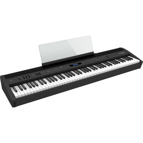 3/4 view of Roland FP-60X Digital Piano - Black with music rest attached showing top, front and left side