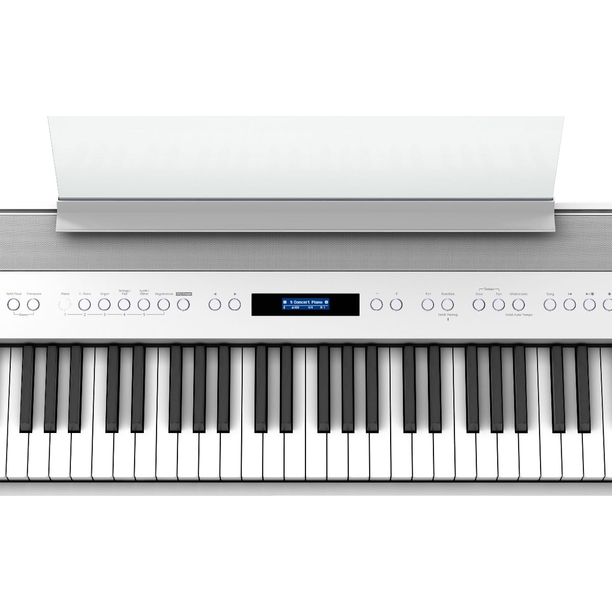 Close-up top view of Roland FP-60X Digital Piano - White showing control panel and portion of keyboard