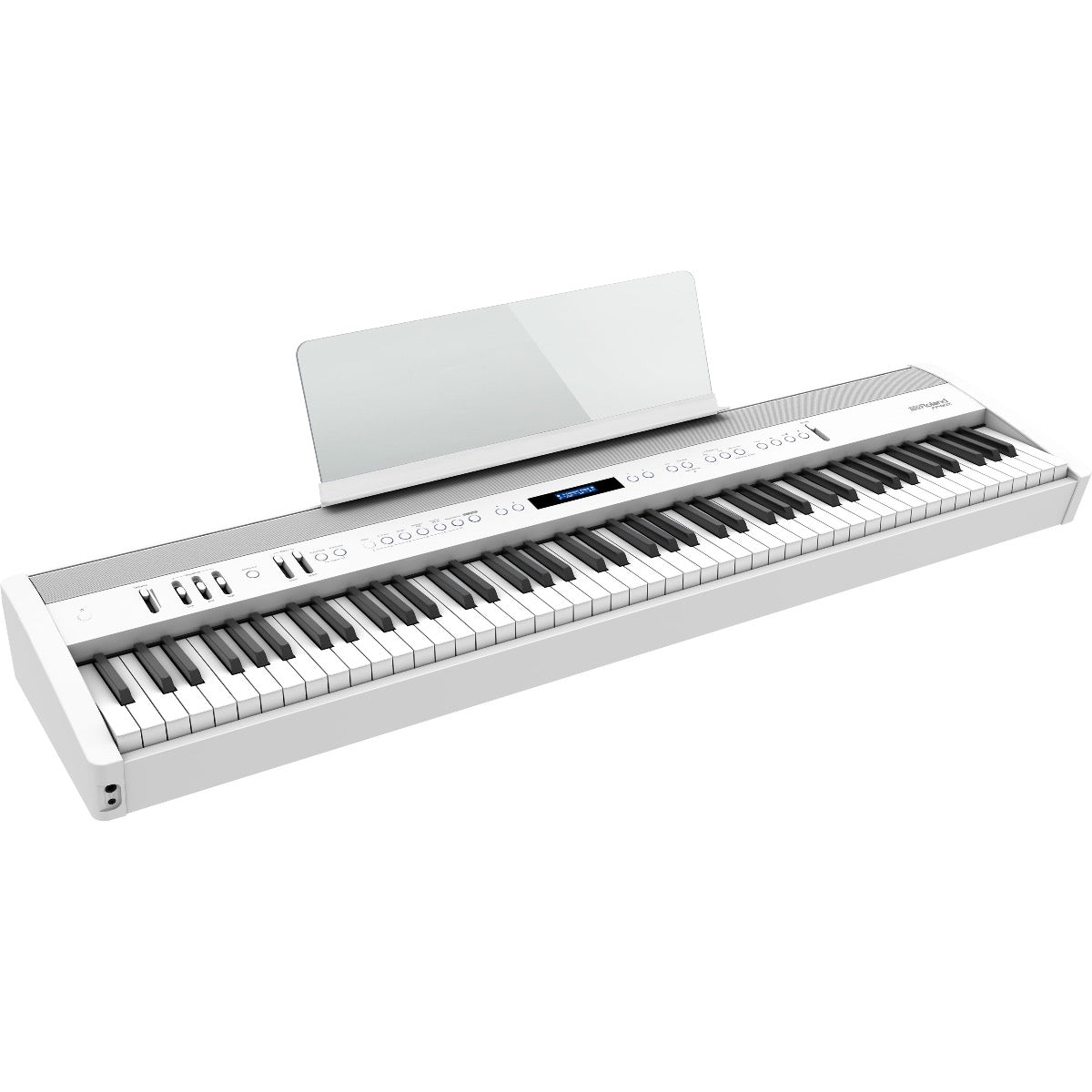 3/4 view of Roland FP-60X Digital Piano - White with music rest attached showing top, front and left side