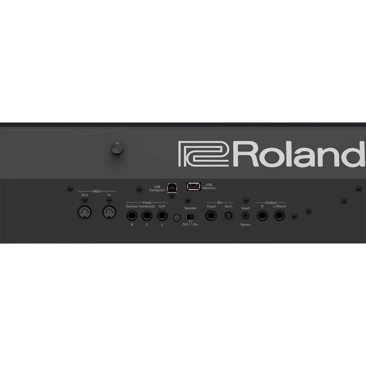 Close-up rear view of Roland FP-90X Digital Piano - Black showing audio and data conections