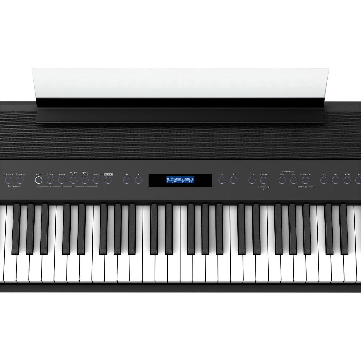 Close-up top view of Roland FP-90X Digital Piano - Black showing control panel and portion of keyboard