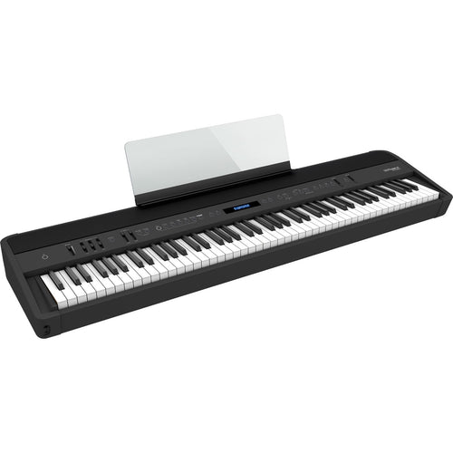 3/4 view of Roland FP-90X Digital Piano - Black with music rest attached showing top, front and left side