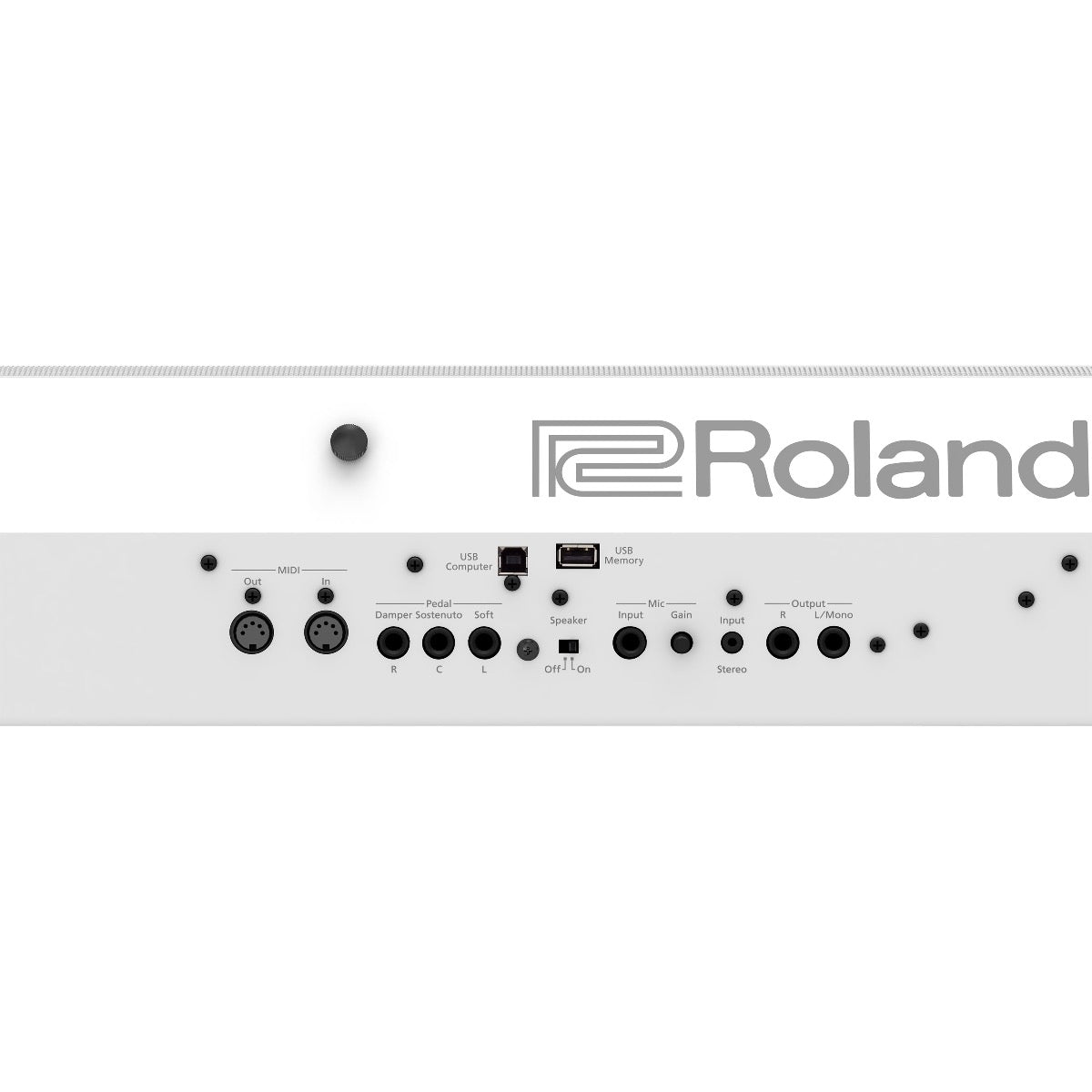 Close-up rear view of Roland FP-90X Digital Piano - White showing audio and data connections