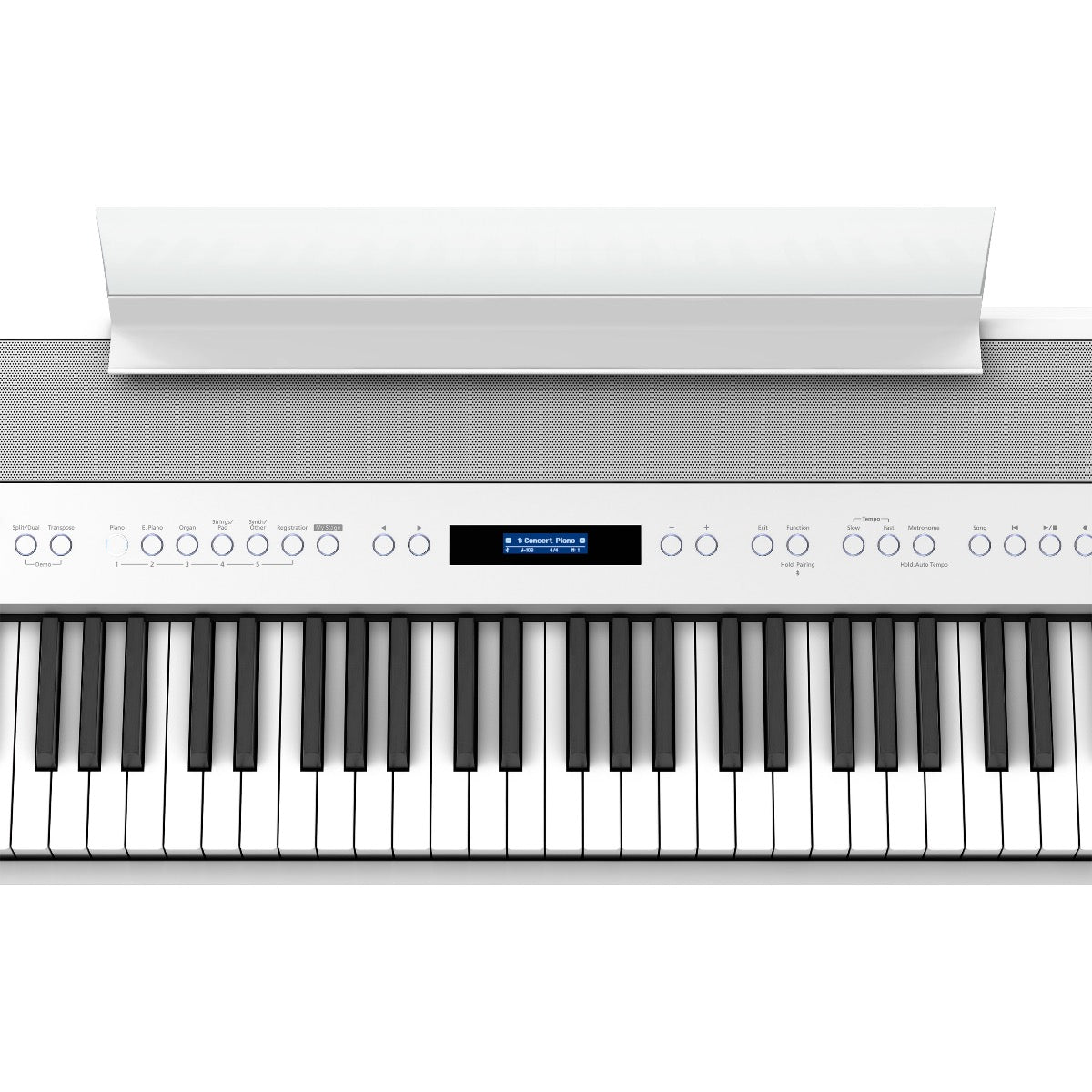 Close-up top view of Roland FP-90X Digital Piano - White showing control panel and portion of keyboard