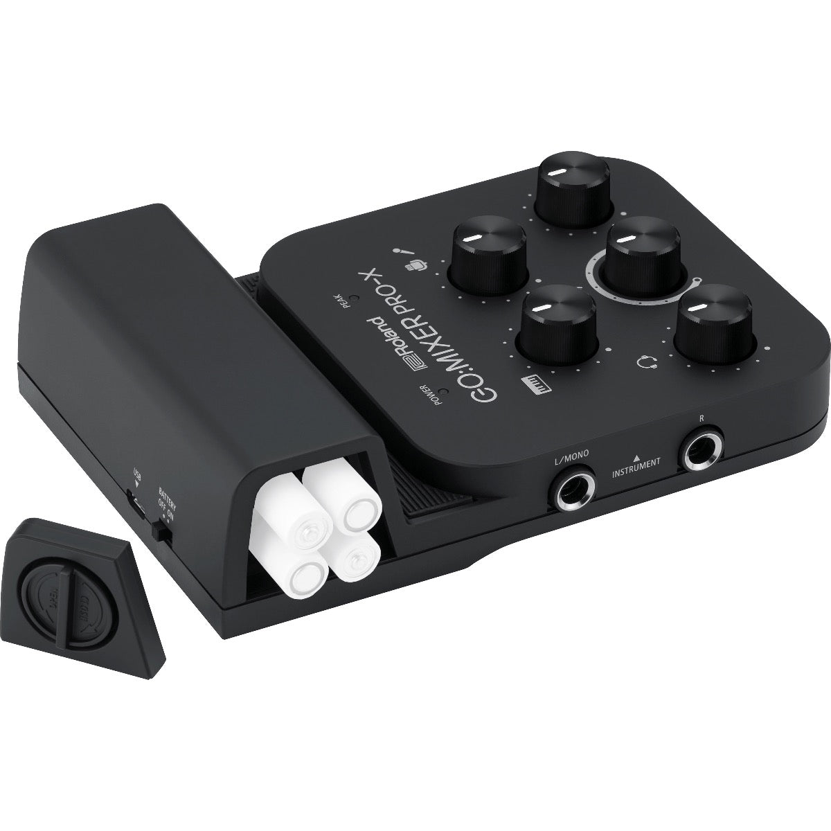 3/4 view of Roland Go:Mixer Pro-X Audio Mixer for Smartphones with battery cover removed showing top, left side and rear