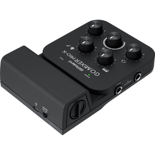 3/4 view of Roland Go:Mixer Pro-X Audio Mixer for Smartphones showing top, left side and rear