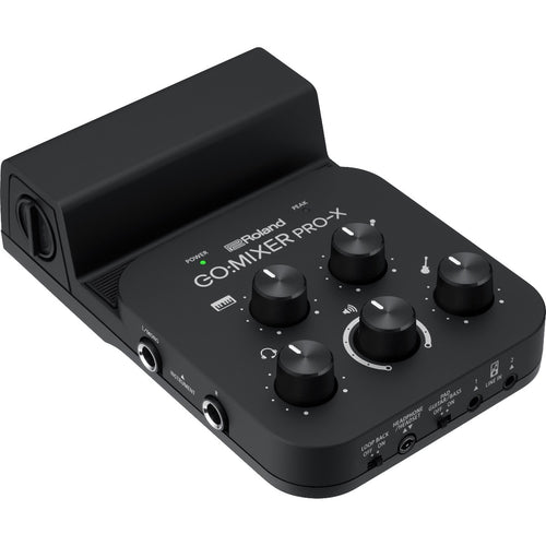 3/4 view of Roland Go:Mixer Pro-X Audio Mixer for Smartphones showing top, left side and front